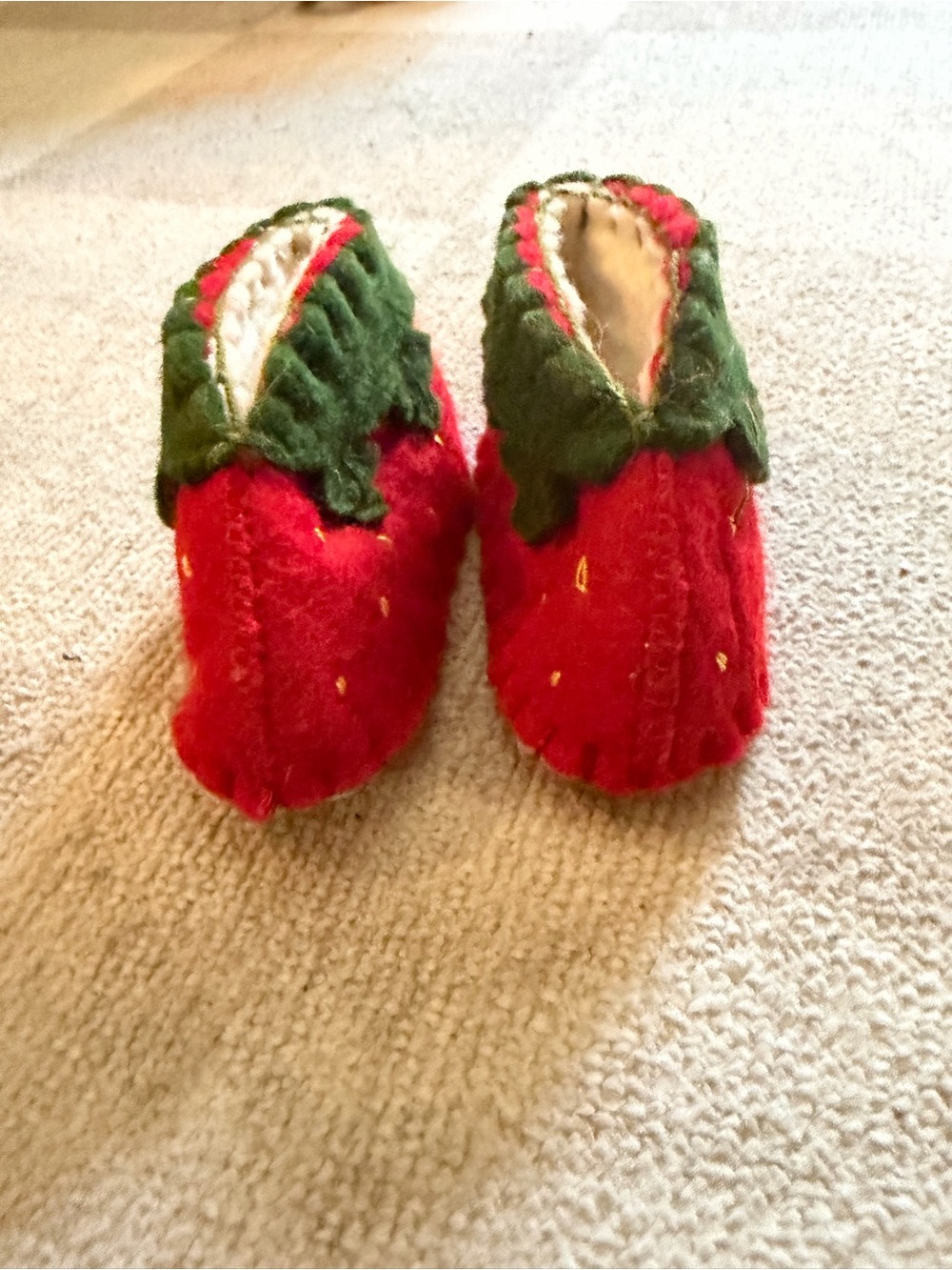 Kids Strawberry Knit Slippers in Red with Green Trim